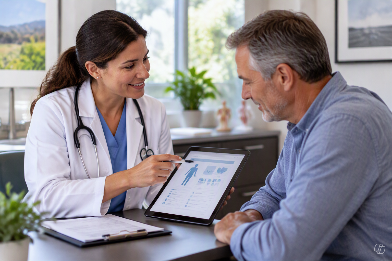 Doctor and patient reviewing a health chart on a tablet, representing health impairment underwriting