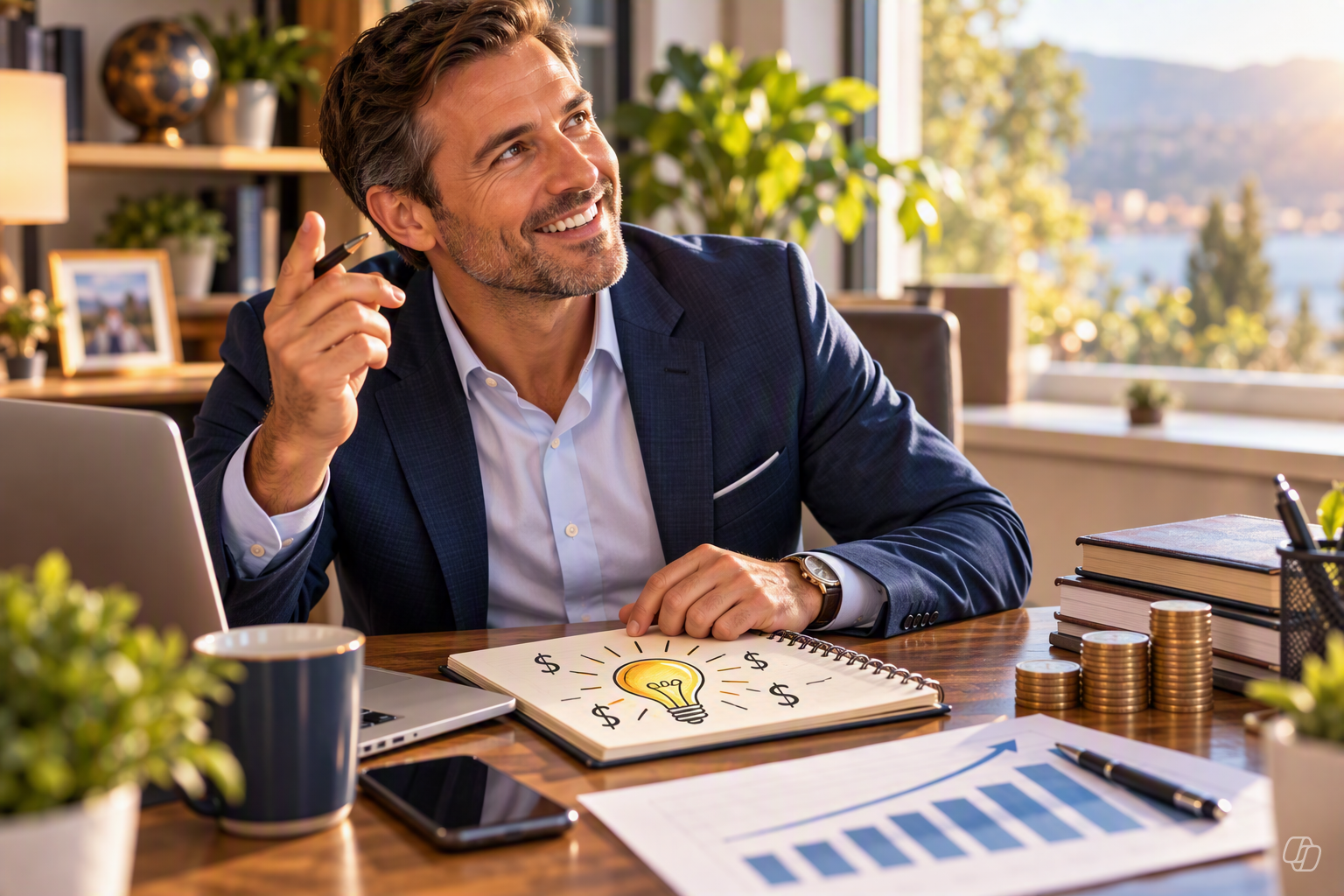 Advisor with a new sales idea at his desk, notebook sketch of a lightbulb and dollar signs, growth chart and coins nearby