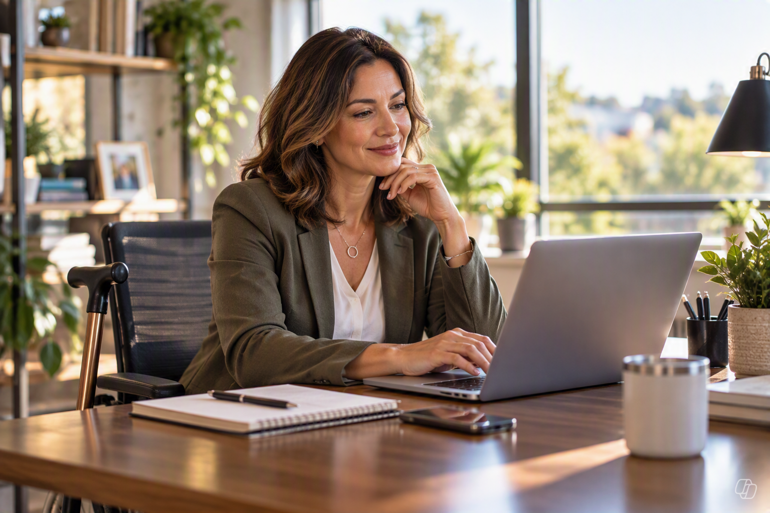 Professional working confidently at her desk, representing disability income protection