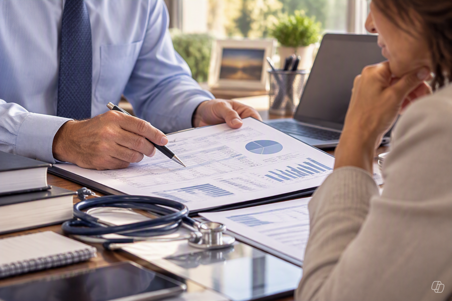Underwriter reviewing medical and financial data with a client during risk assessment