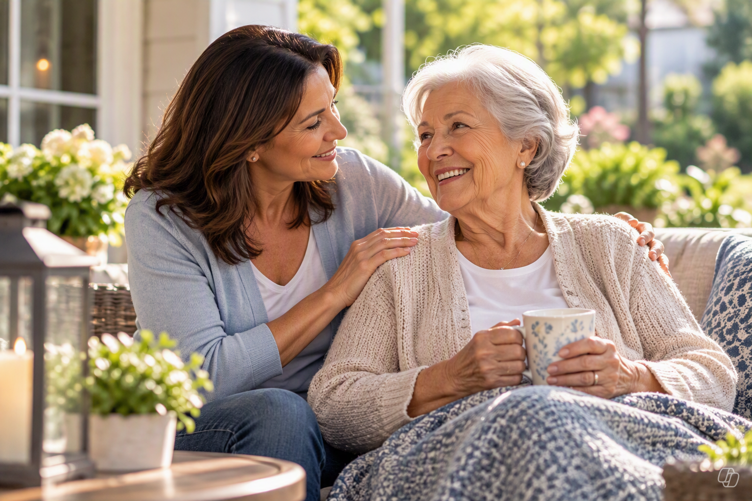 Adult daughter and her aging mother sharing a warm moment while discussing long-term care planning