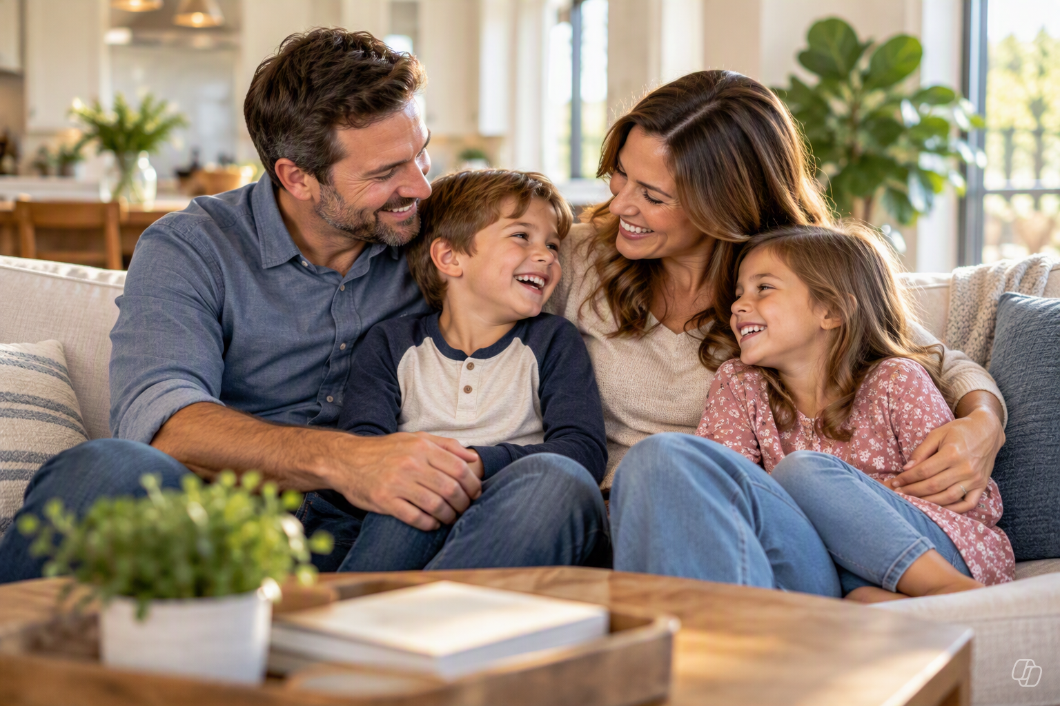 Happy family of four laughing together on the couch, representing life insurance protection