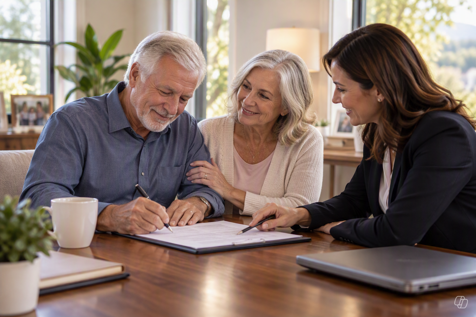 Advisor supporting a couple as they review living needs benefits paperwork together