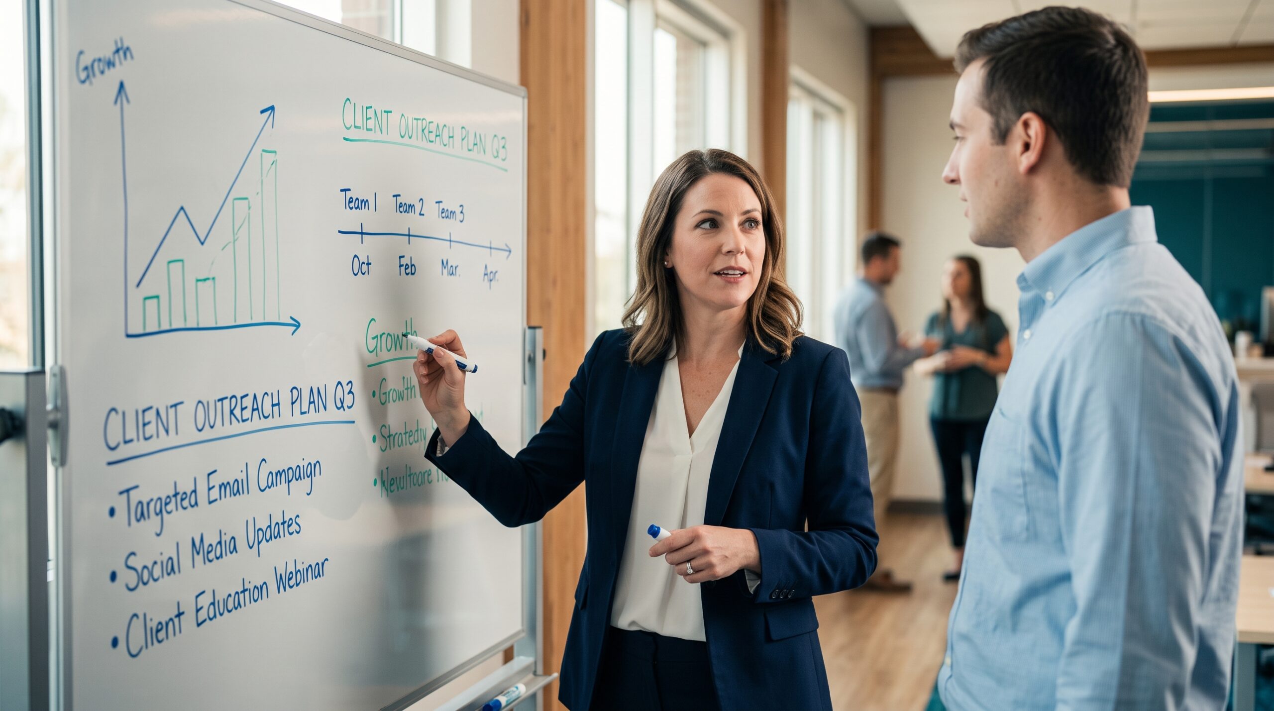 Advisor presenting a client outreach marketing plan on a whiteboard to a colleague