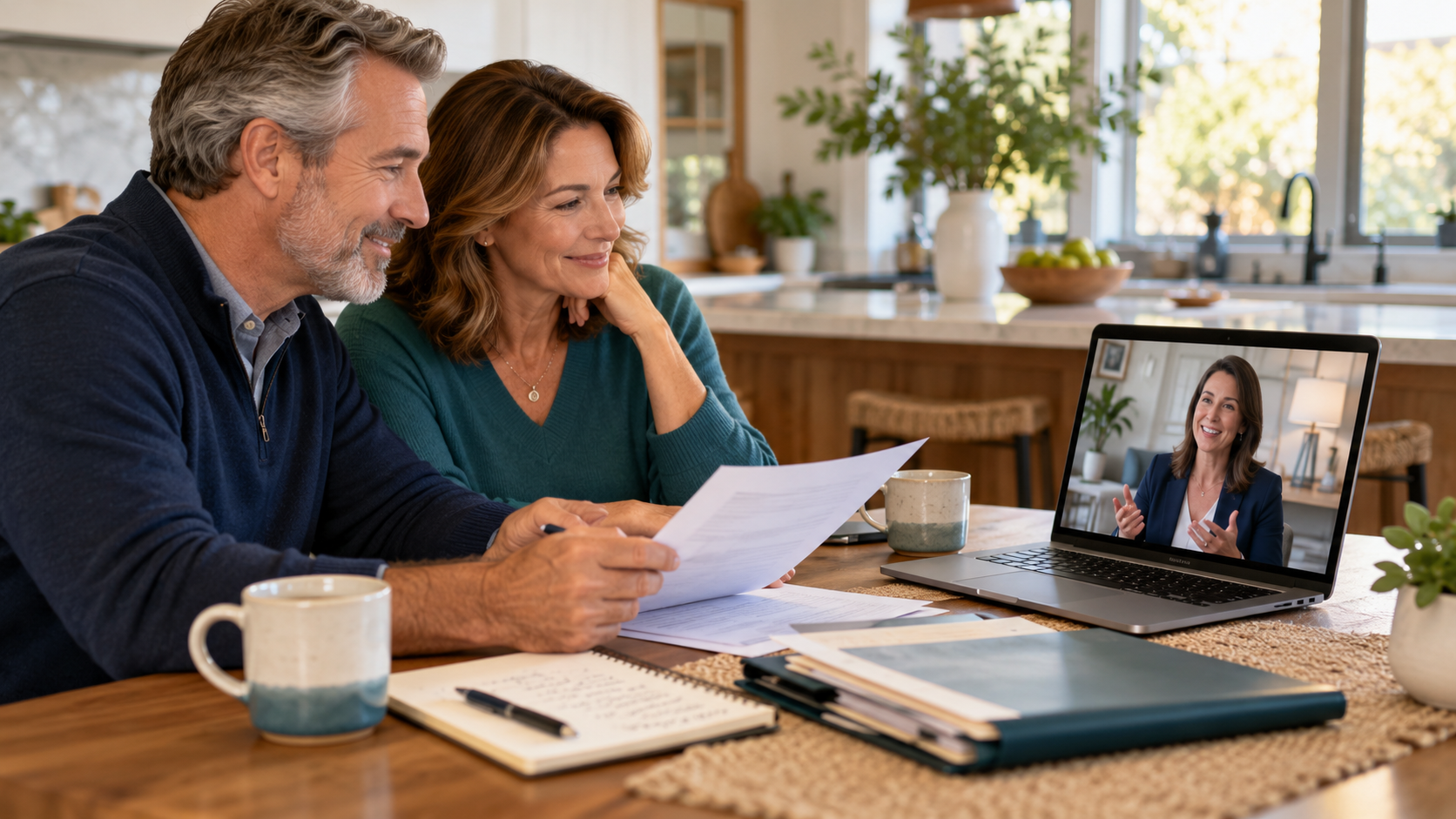 Couple at a kitchen table reviewing papers with an insurance advisor on a video call