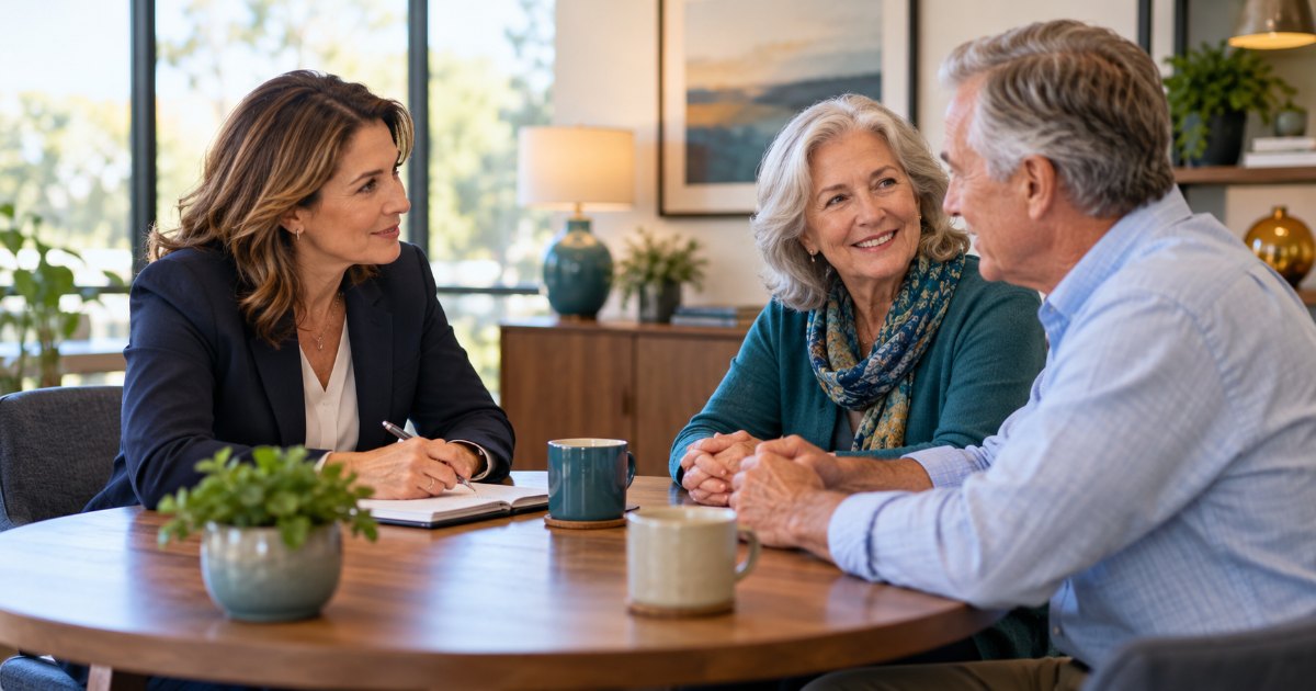 Insurance advisor talking with a retired couple at a table in a bright office