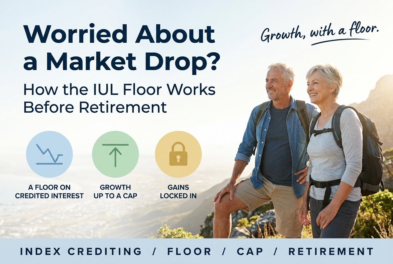 Couple in their late 50s hiking at a mountain overlook, under the title Worried About a Market Drop? How the IUL Floor Works Before Retirement
