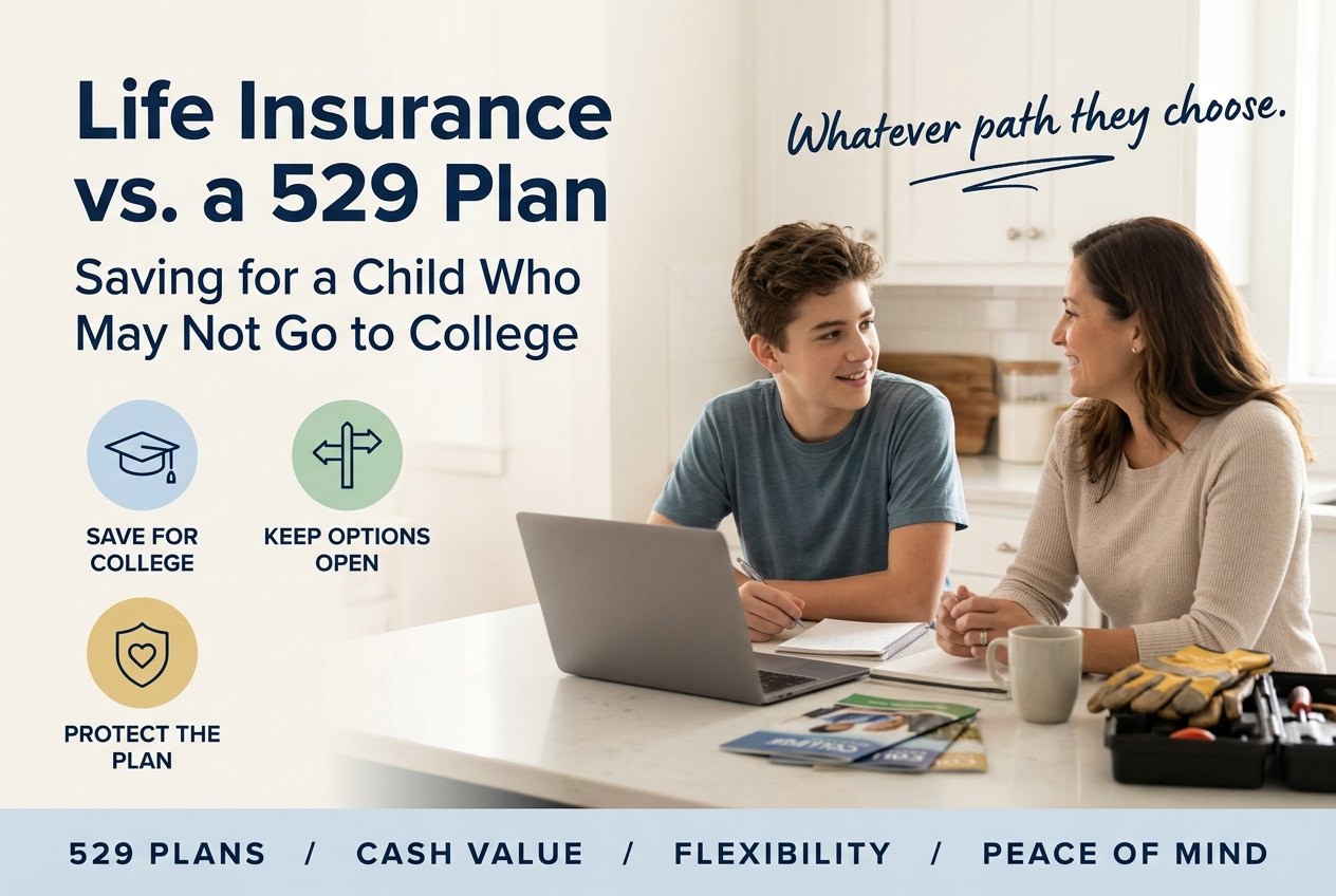Parent and teenage son talking at a kitchen table with a laptop, college brochures and a toolbox, under the title Life Insurance vs. a 529 Plan: Saving for a Child Who May Not Go to College