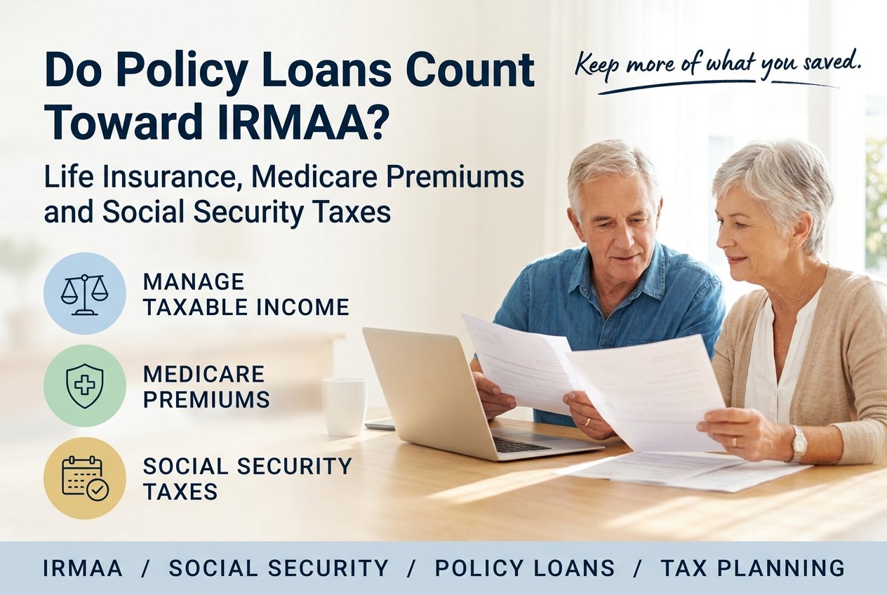 Retired couple reviewing paperwork and a laptop at a dining table, under the title Do Policy Loans Count Toward IRMAA?
