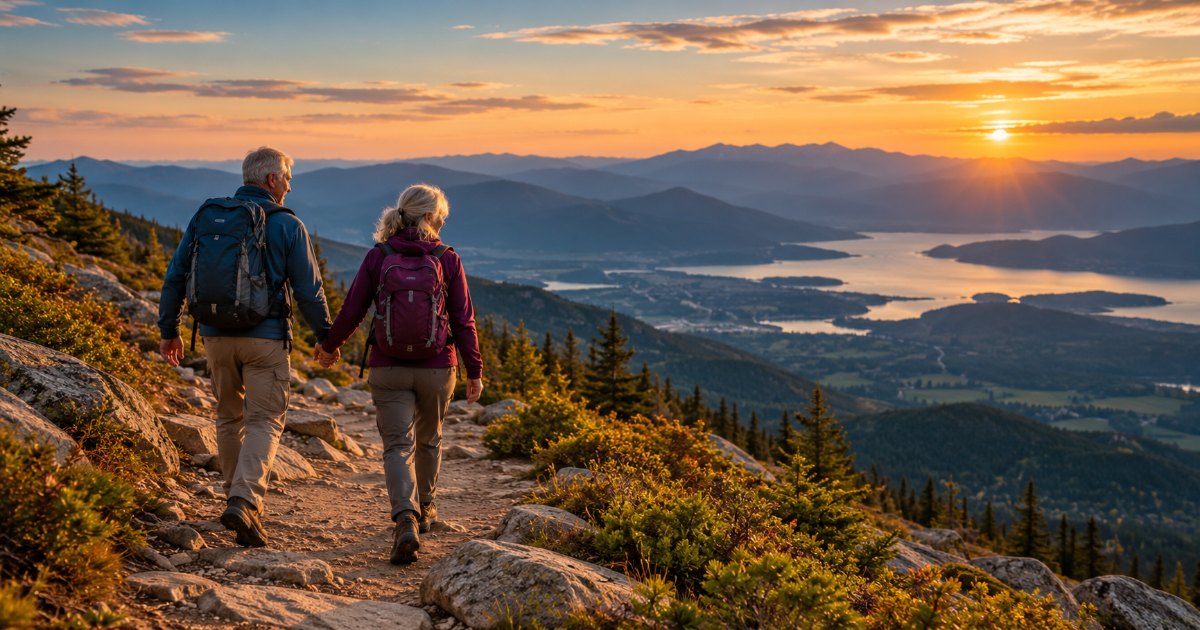 Retired couple hiking hand in hand down a mountain trail at sunset
