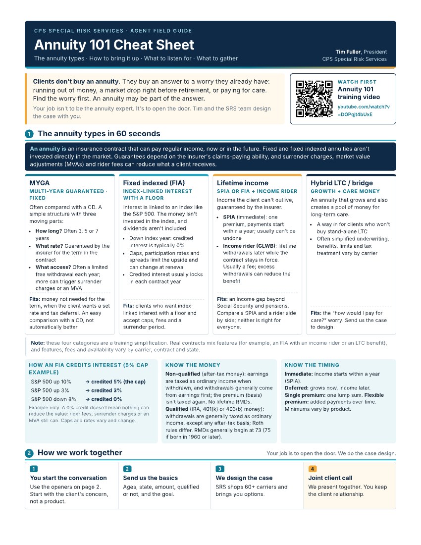 Preview of the Annuity 101 Cheat Sheet for agents from CPS Special Risk Services