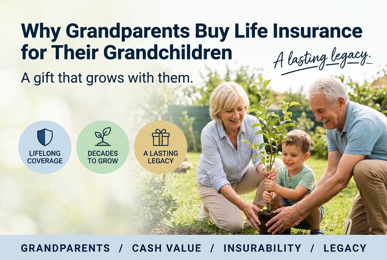 Grandparents helping their young grandson plant a tree in the backyard, under the title Why Grandparents Buy Life Insurance for Their Grandchildren